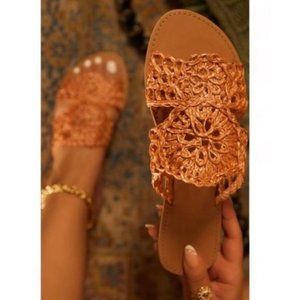 !! NEW !! Woven Raffia Slide Sandals in Deep Coral